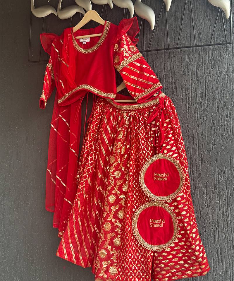 Vibrant red embroidered chanderi lehenga set