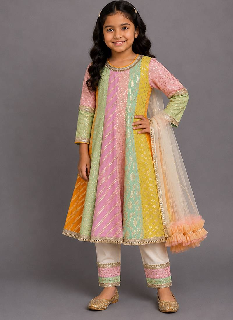 Multicolor cotton silk anarkali kurta set