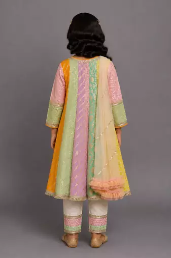 Off White Multicolor cotton silk anarkali kurta set