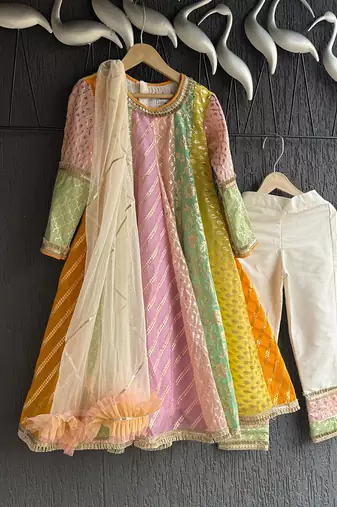 Off White Multicolor cotton silk anarkali kurta set