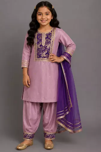 Lavender embroidered cotton silk kurta set