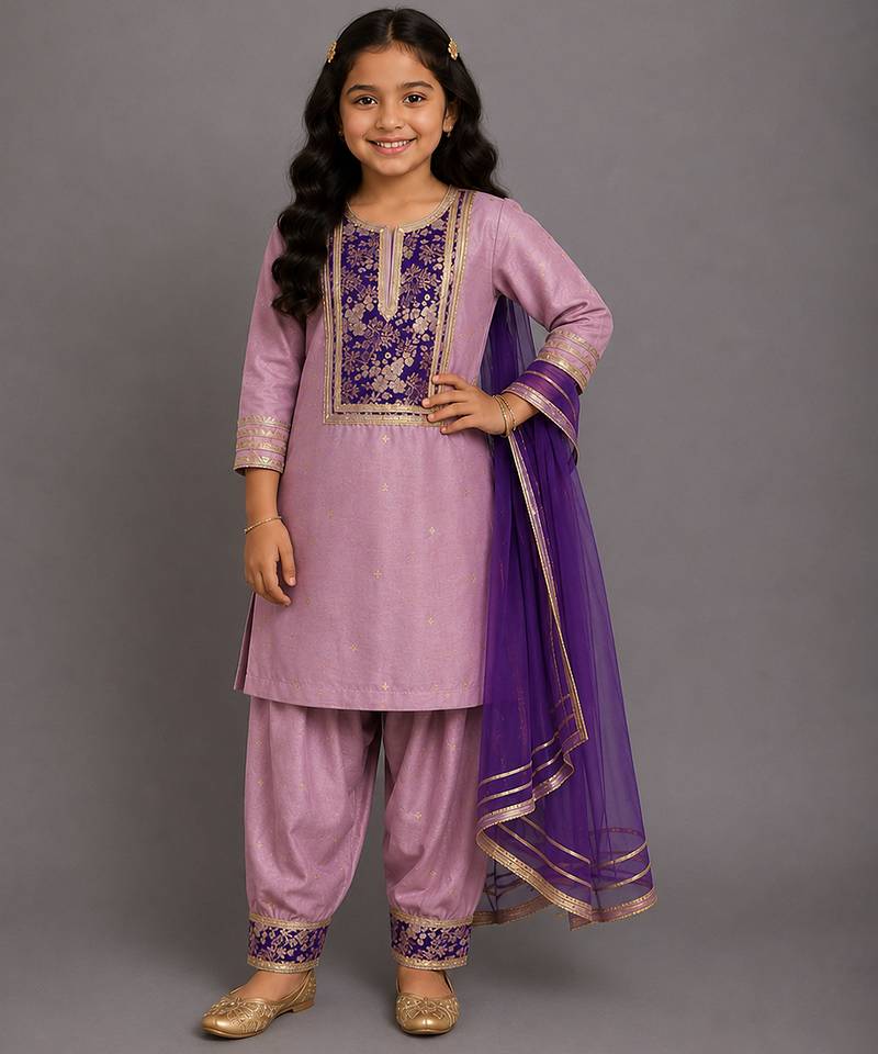 Lavender embroidered cotton silk kurta set