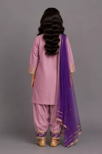 Purple embroidered cotton silk kurta set