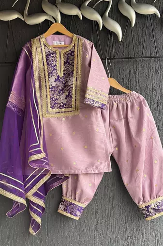 Purple embroidered cotton silk kurta set