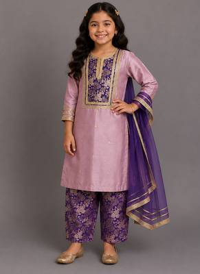 Lilac purple embroidered cotton silk kurta set 1