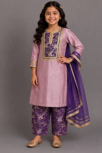 Lilac purple embroidered cotton silk kurta set