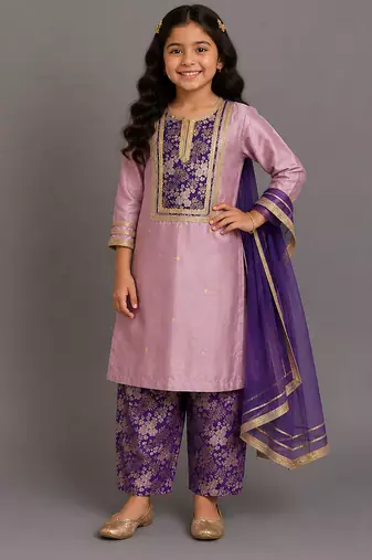 Lilac purple embroidered cotton silk kurta set