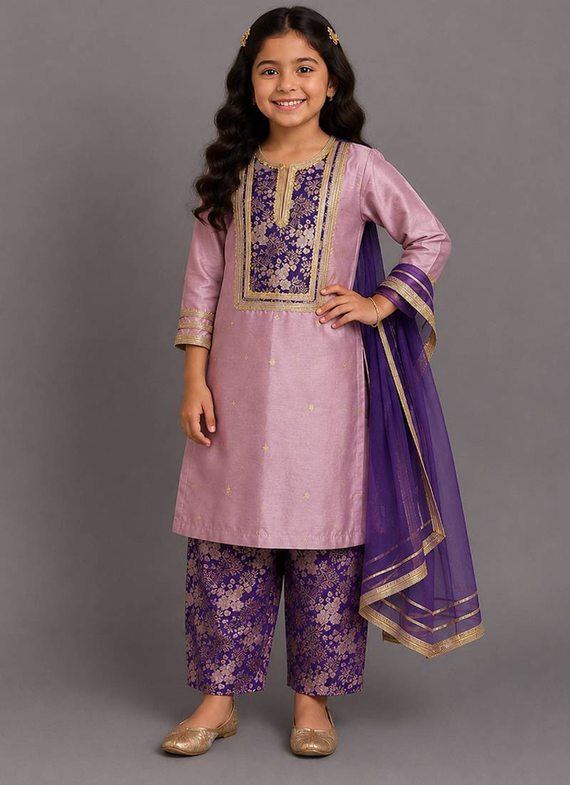 Lilac purple embroidered cotton silk kurta set