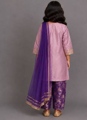 Lilac purple embroidered cotton silk kurta set 2