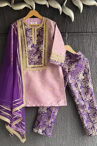 Lilac purple embroidered cotton silk kurta set