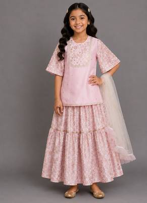 Baby pink embroidered silk sharara skirt set 1