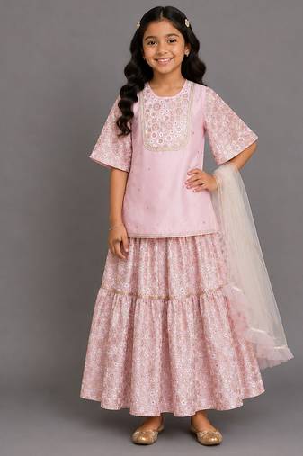 Baby pink embroidered silk sharara skirt set