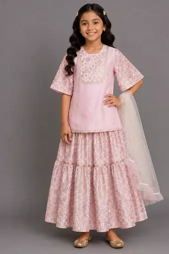 Baby pink embroidered silk sharara skirt set