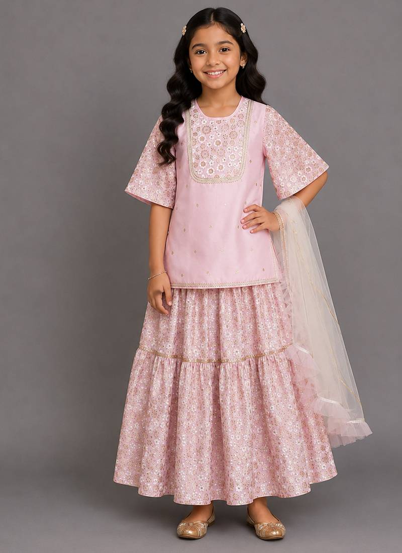 Baby pink embroidered silk sharara skirt set