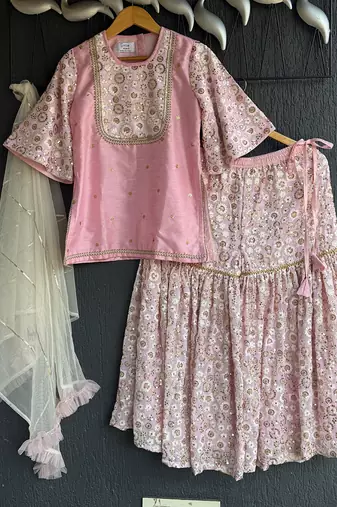 Baby pink embroidered silk sharara skirt set