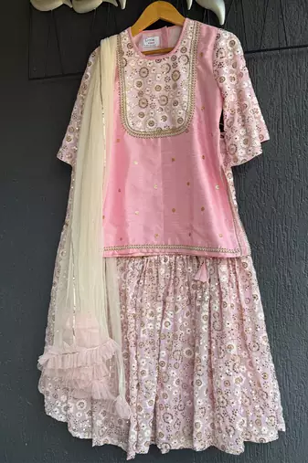 Baby pink embroidered silk sharara skirt set