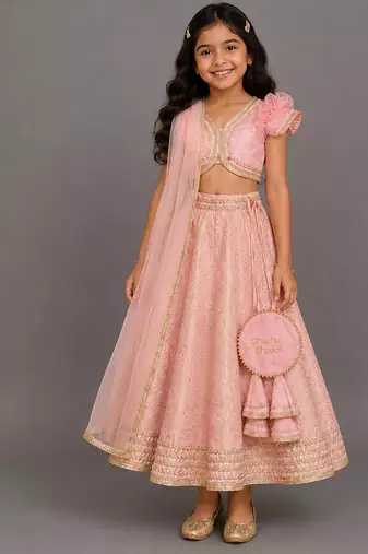 pink embroidered brocade lehenga set