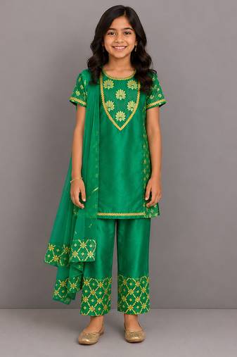 Green embroidered chanderi kurta set