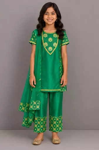 Emerald green embroidered chanderi kurta set