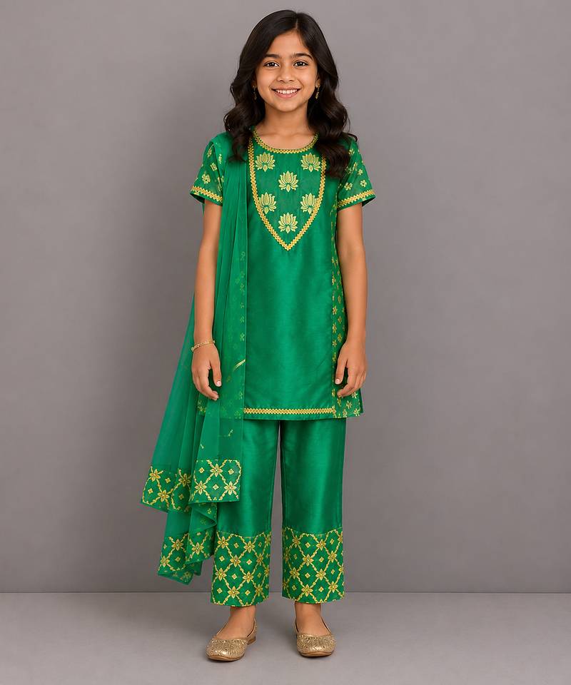 Green embroidered chanderi kurta set
