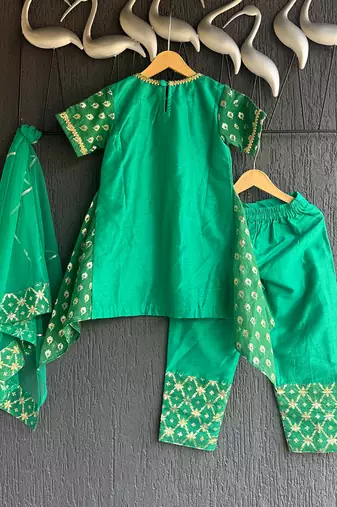 Green embroidered chanderi kurta set