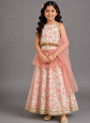 Ivory peach printed cotton silk lehenga set 1