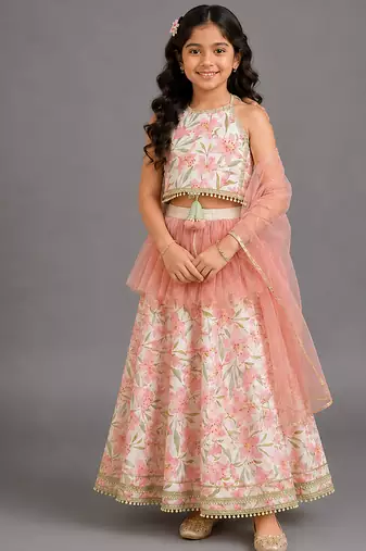 Ivory peach printed cotton silk lehenga set