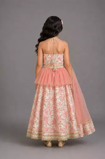 Ivory peach printed cotton silk lehenga set