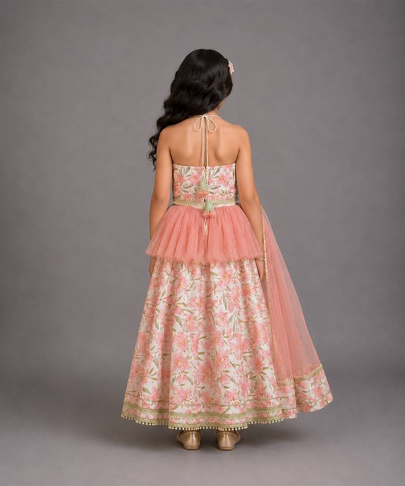 Ivory peach printed cotton silk lehenga set