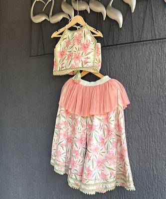 Ivory peach printed cotton silk lehenga set 3