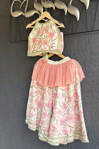 Ivory peach printed cotton silk lehenga set