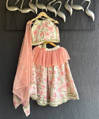 Ivory peach printed cotton silk lehenga set 4