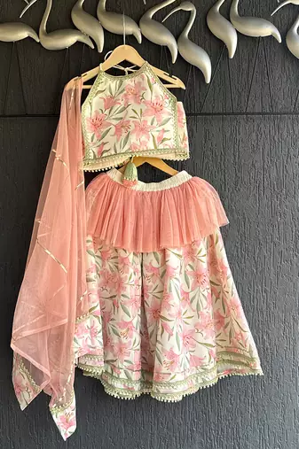 Ivory peach printed cotton silk lehenga set