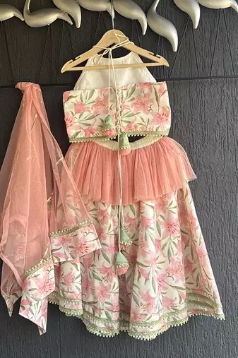 Ivory peach printed cotton silk lehenga set
