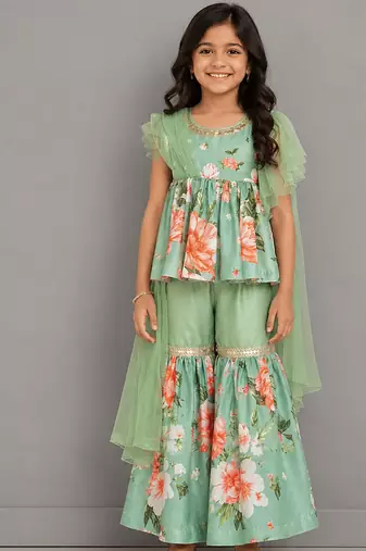 Mint green printed cotton silk sharara set