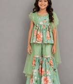 Mint green printed cotton silk sharara set