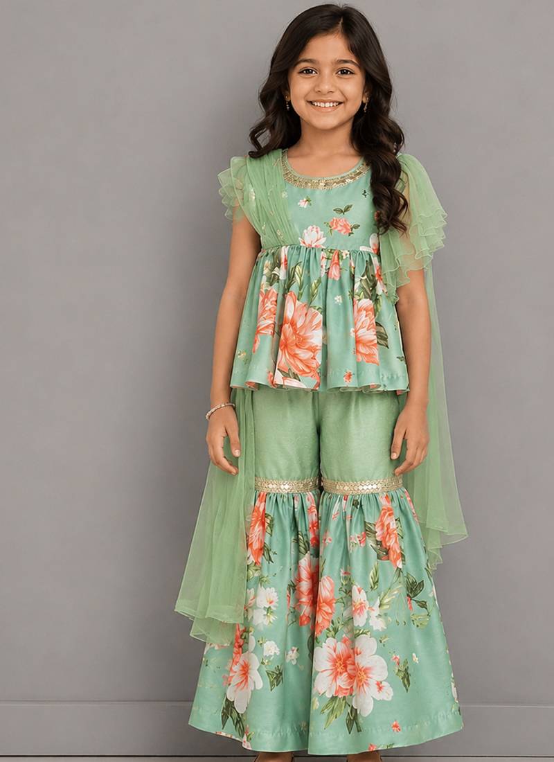 Mint green printed cotton silk sharara set