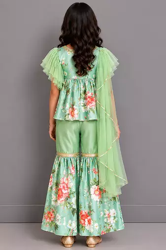 Green printed cotton silk sharara set