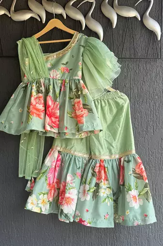 Green printed cotton silk sharara set