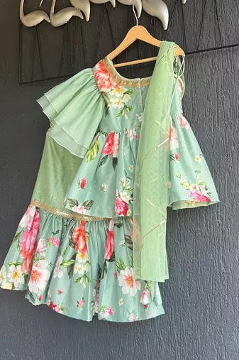 Green printed cotton silk sharara set