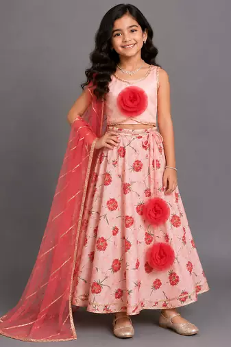 Baby pink printed chanderi lehenga set