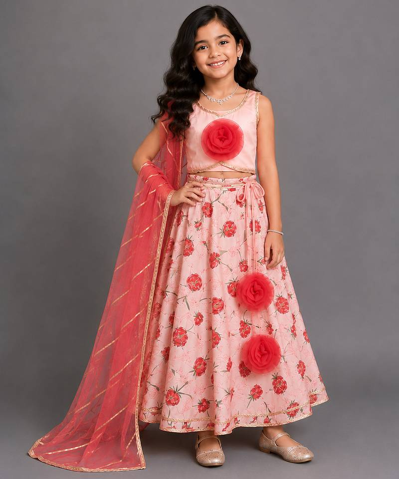 Baby pink printed chanderi lehenga set