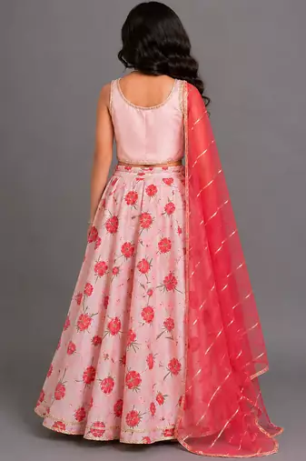 Baby pink printed chanderi lehenga set