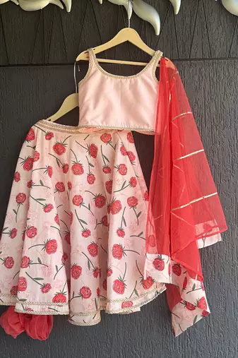 Baby pink printed chanderi lehenga set