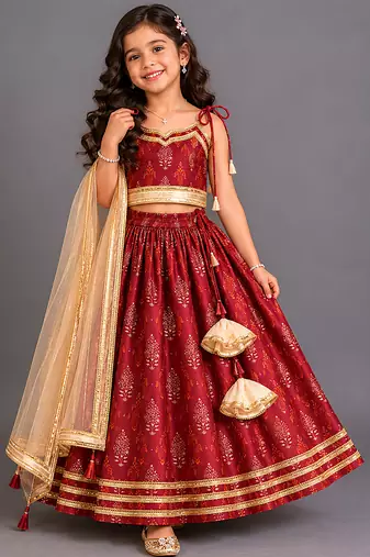 Maroon embroidered chanderi lehenga set