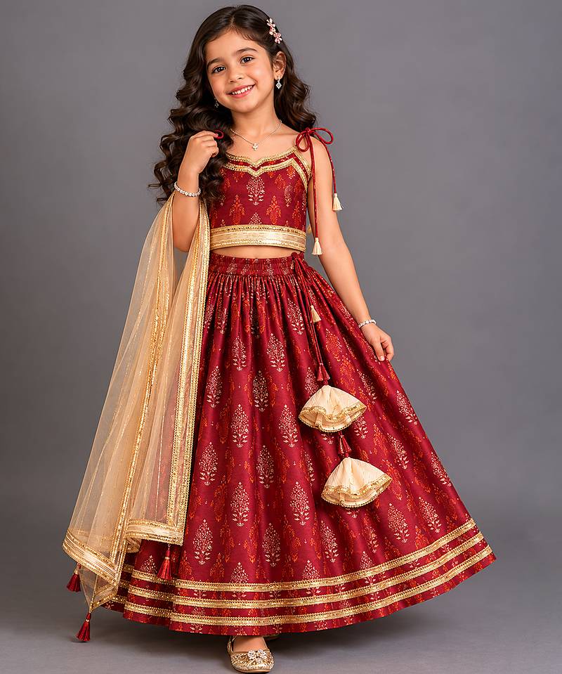 Maroon embroidered chanderi lehenga set