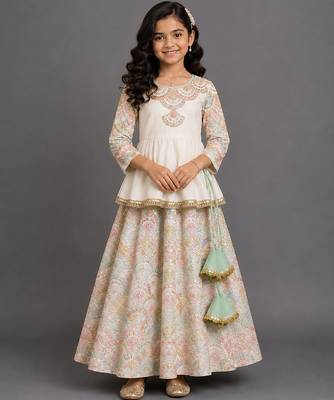 Off white embroidered cotton silk kurti lehenga set 1