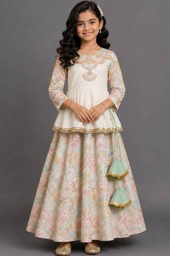Off white embroidered cotton silk kurti lehenga set