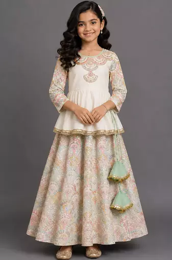 Off white embroidered cotton silk kurti lehenga set