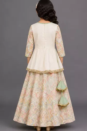 Off white embroidered cotton silk kurti lehenga set